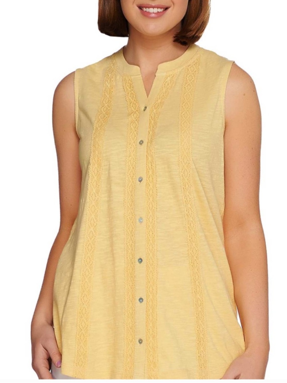 LOGO Lori Goldstein Swiss Dot Crochet Trim Tank Top Yellow Sleeveless XL